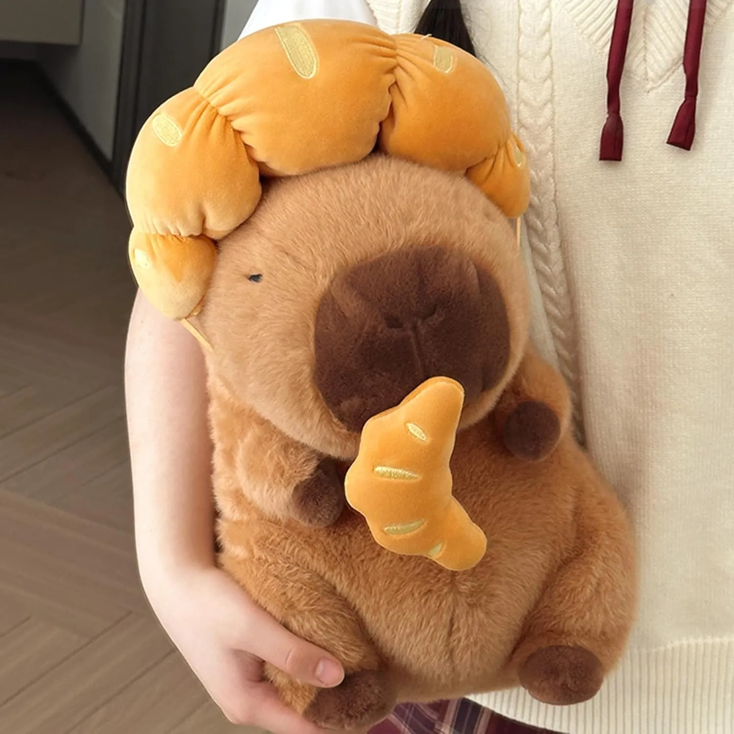 Ditucu Capybara Plush with Croissant Headgear 9 inch Cute Pulling Capibara Stuffed Animal Soft Food Plushies Toys Gifts for Kids Adults Brown