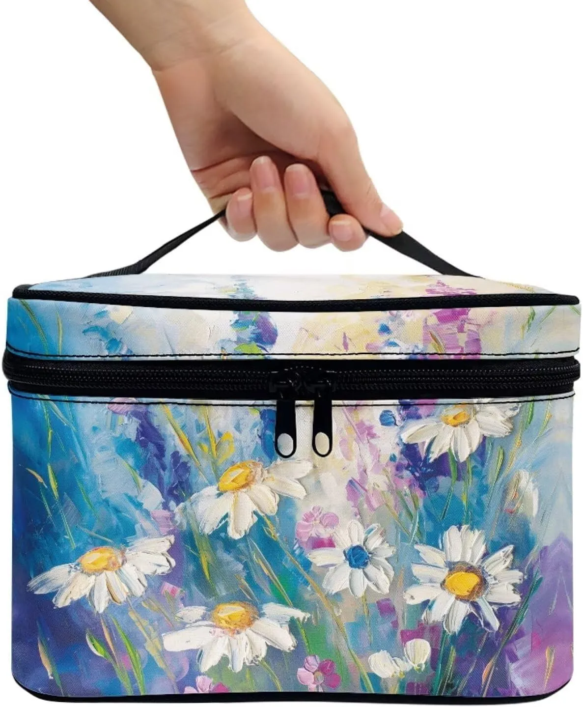doginthehole Large Makeup Bag Toiletry Bag for Women Aesthetic Oil Painting Daisy Printed Make Up Bag Cosmetic Bag Toiletries Bag Brush Bags for Traveling