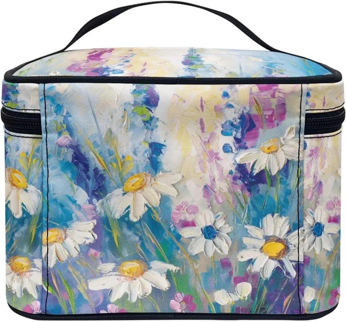 doginthehole Large Makeup Bag Toiletry Bag for Women Aesthetic Oil Painting Daisy Printed Make Up Bag Cosmetic Bag Toiletries Bag Brush Bags for Traveling