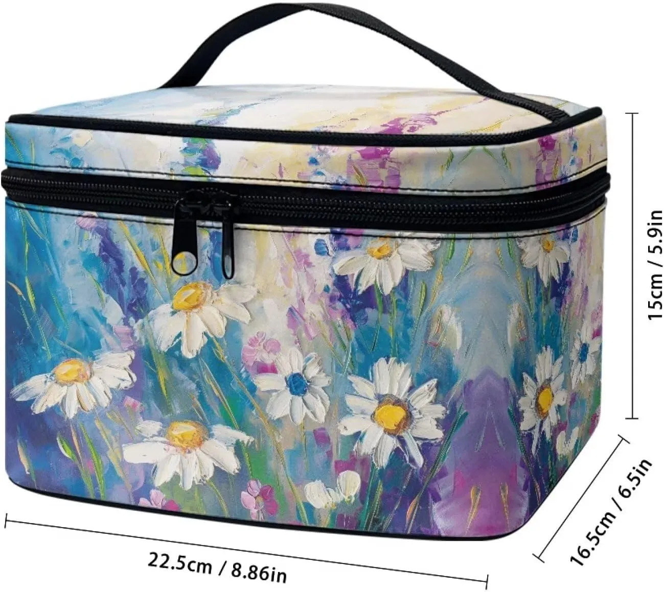 doginthehole Large Makeup Bag Toiletry Bag for Women Aesthetic Oil Painting Daisy Printed Make Up Bag Cosmetic Bag Toiletries Bag Brush Bags for Traveling