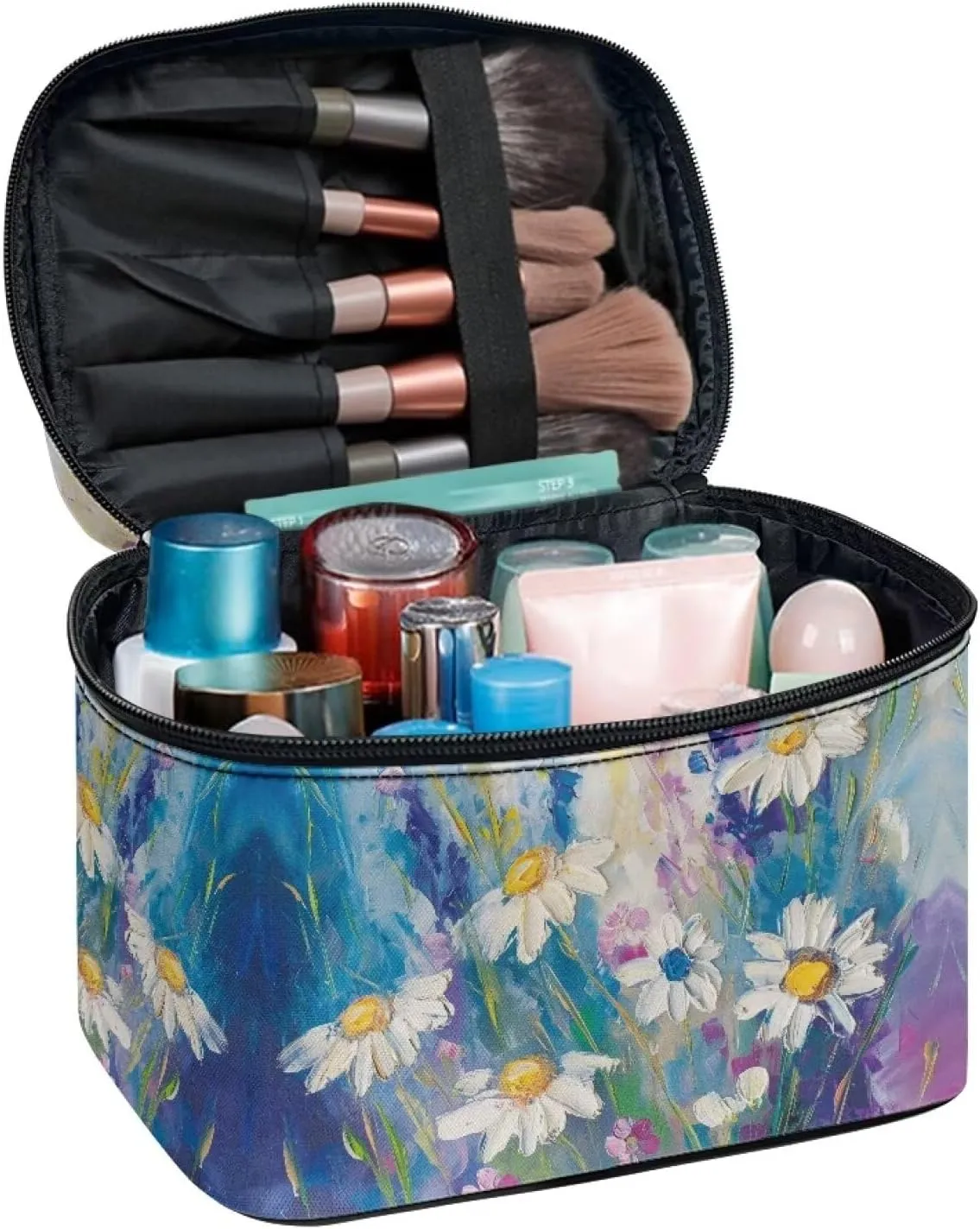 doginthehole Large Makeup Bag Toiletry Bag for Women Aesthetic Oil Painting Daisy Printed Make Up Bag Cosmetic Bag Toiletries Bag Brush Bags for Traveling