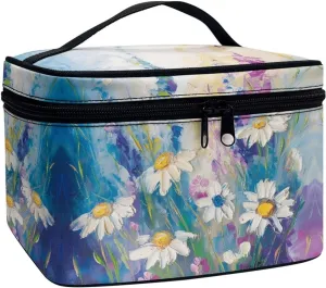 doginthehole Large Makeup Bag Toiletry Bag for Women Aesthetic Oil Painting Daisy Printed Make Up Bag Cosmetic Bag Toiletries Bag Brush Bags for Traveling