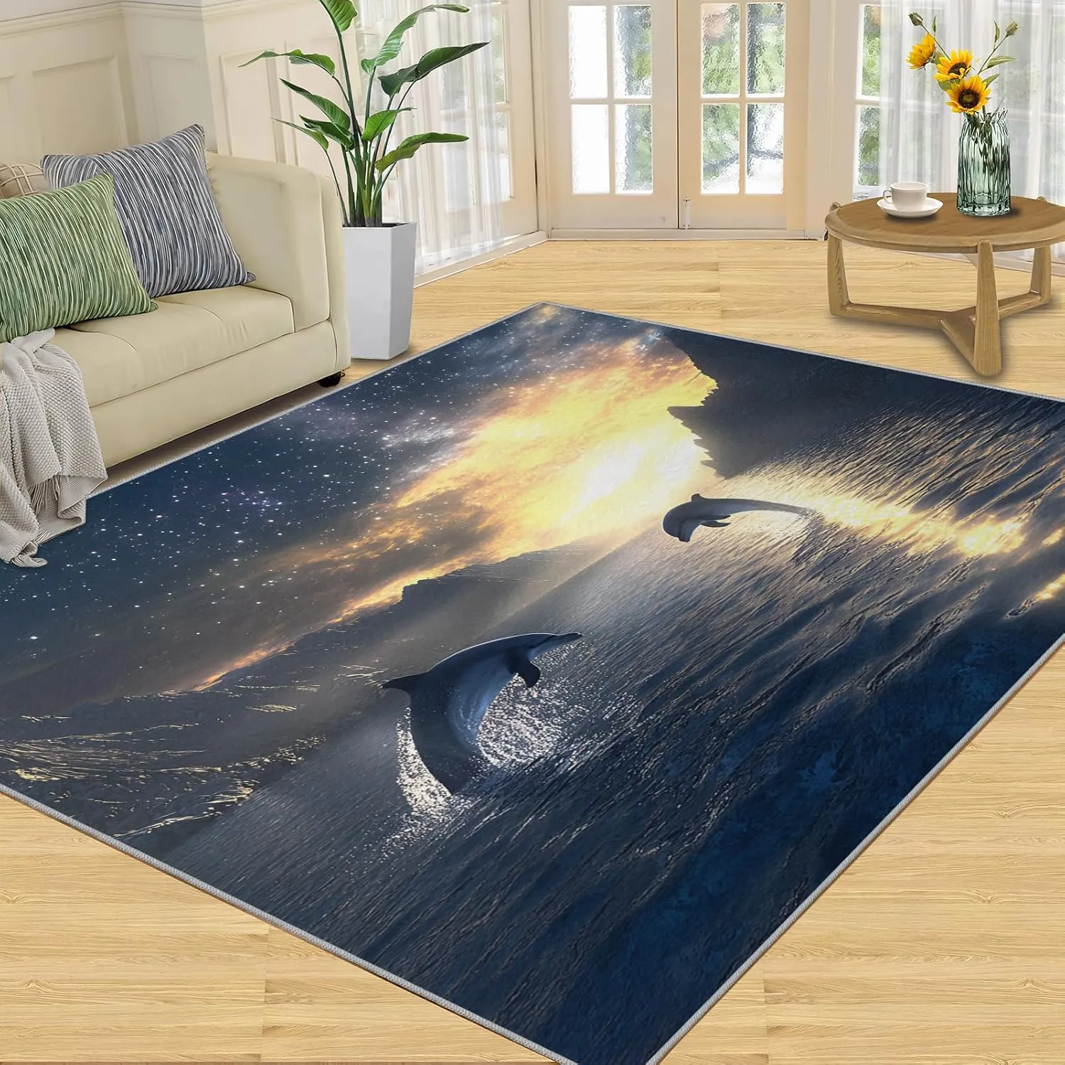 Dolphin Jumping Out of Water Kids Rug, 3 x 5 Area Rug, Starry Sky Rugs for Living Room Bedroom, Sea Surface Carpet, Non-Slip Backing Machine Washable Rugs