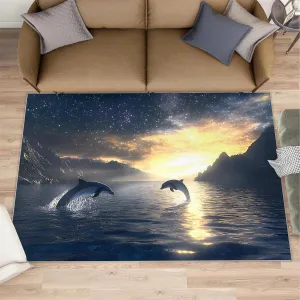 Dolphin Jumping Out of Water Kids Rug, 3 x 5 Area Rug, Starry Sky Rugs for Living Room Bedroom, Sea Surface Carpet, Non-Slip Backing Machine Washable Rugs