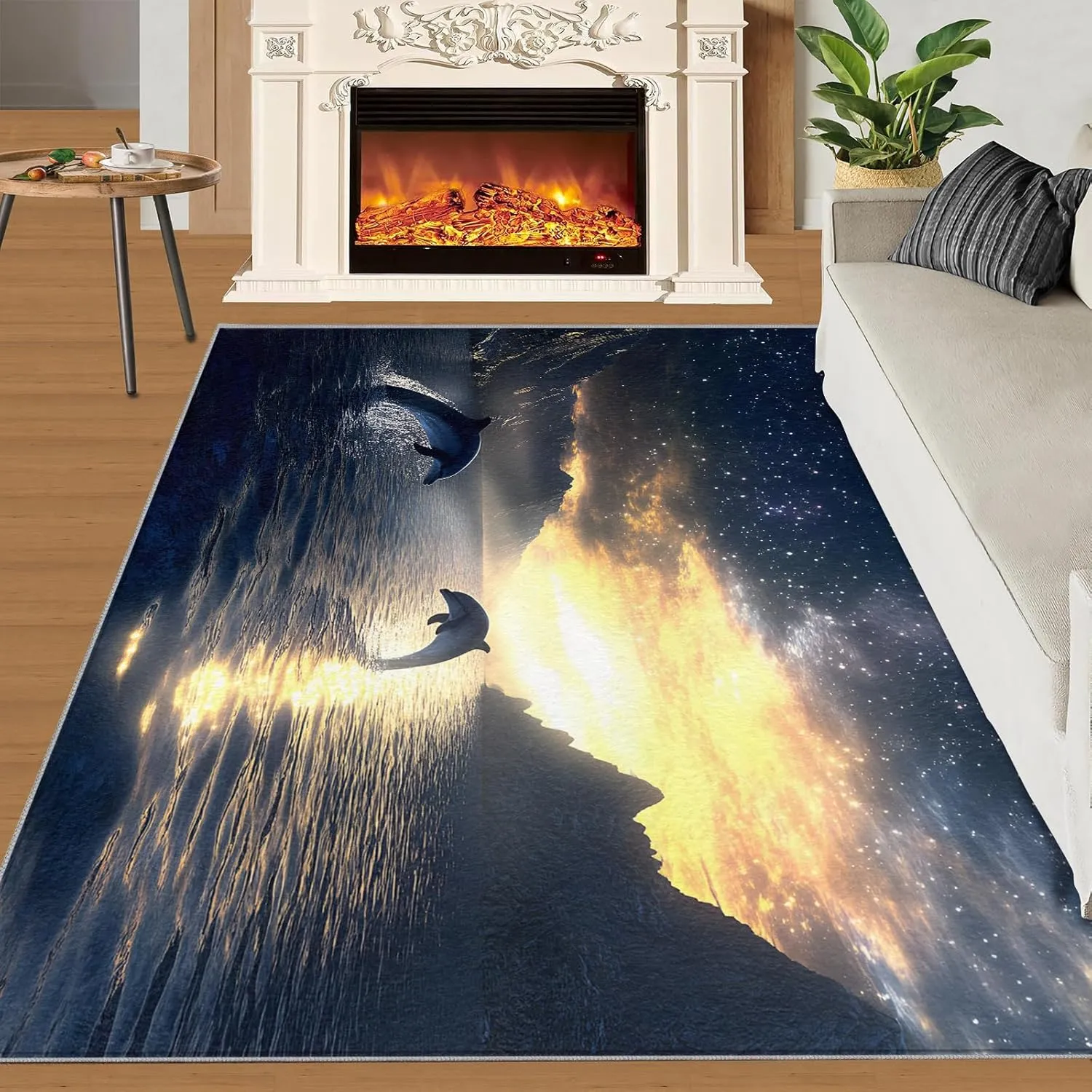 Dolphin Jumping Out of Water Kids Rug, 3 x 5 Area Rug, Starry Sky Rugs for Living Room Bedroom, Sea Surface Carpet, Non-Slip Backing Machine Washable Rugs