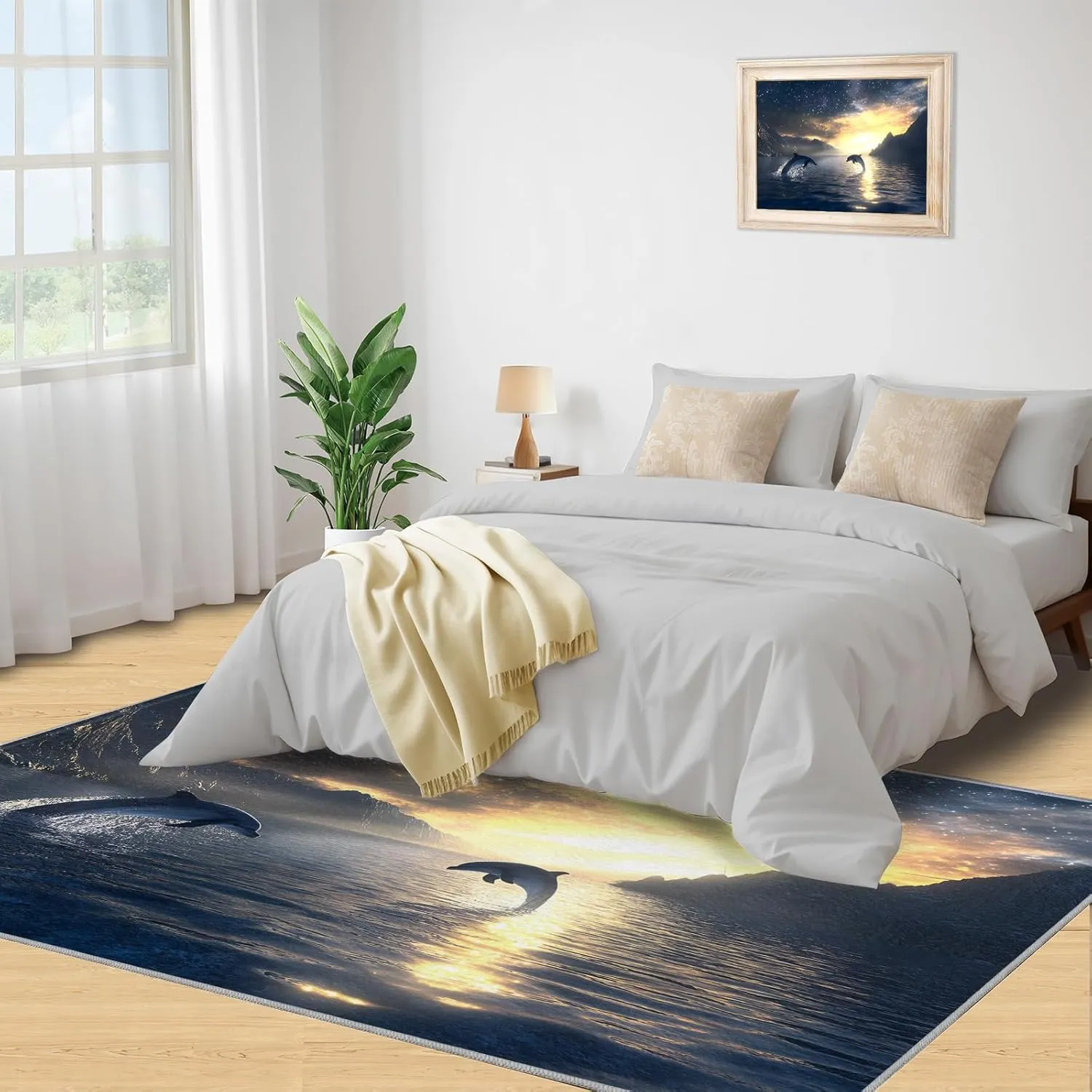 Dolphin Jumping Out of Water Kids Rug, 3 x 5 Area Rug, Starry Sky Rugs for Living Room Bedroom, Sea Surface Carpet, Non-Slip Backing Machine Washable Rugs