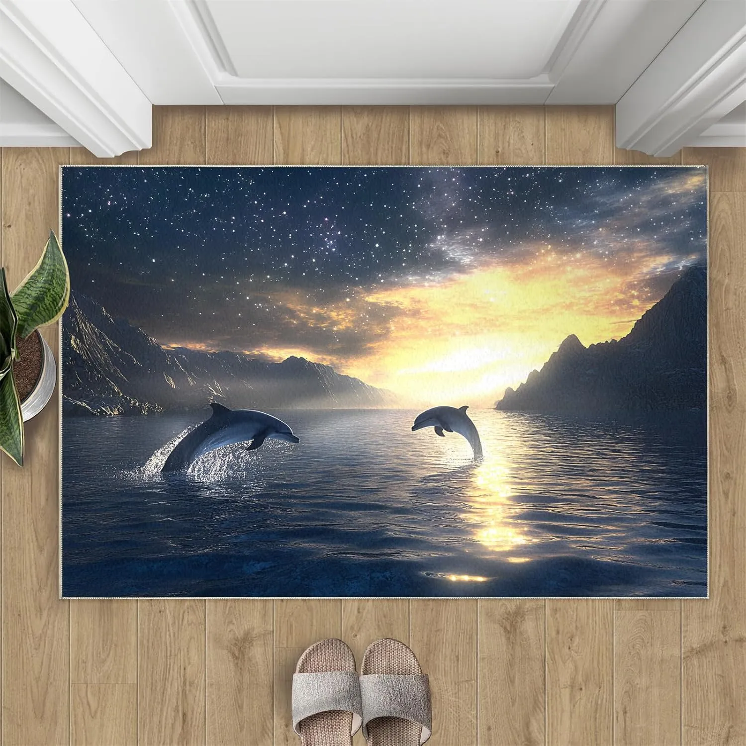Dolphin Jumping Out of Water Kids Rug, 3 x 5 Area Rug, Starry Sky Rugs for Living Room Bedroom, Sea Surface Carpet, Non-Slip Backing Machine Washable Rugs