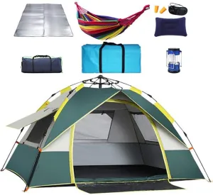 Dome Light Camping Tent Foldable Camping Tent Fully Automatic 190T Oxford Rainproof Family Tent for 4-6 People Outdoor Portable Tent (Green 200X200X13