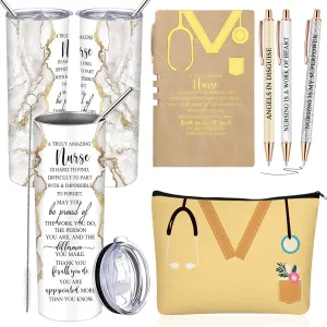 Domensi 6 Pcs Cna Week Appreciation Gifts 2025 for Women Medical Nursing Assistant 20 oz Marble Sign Nurse Tumbler Makeup Bag Notepad with Ballpoint Pen for Graduation Nursing Student(Yellow)