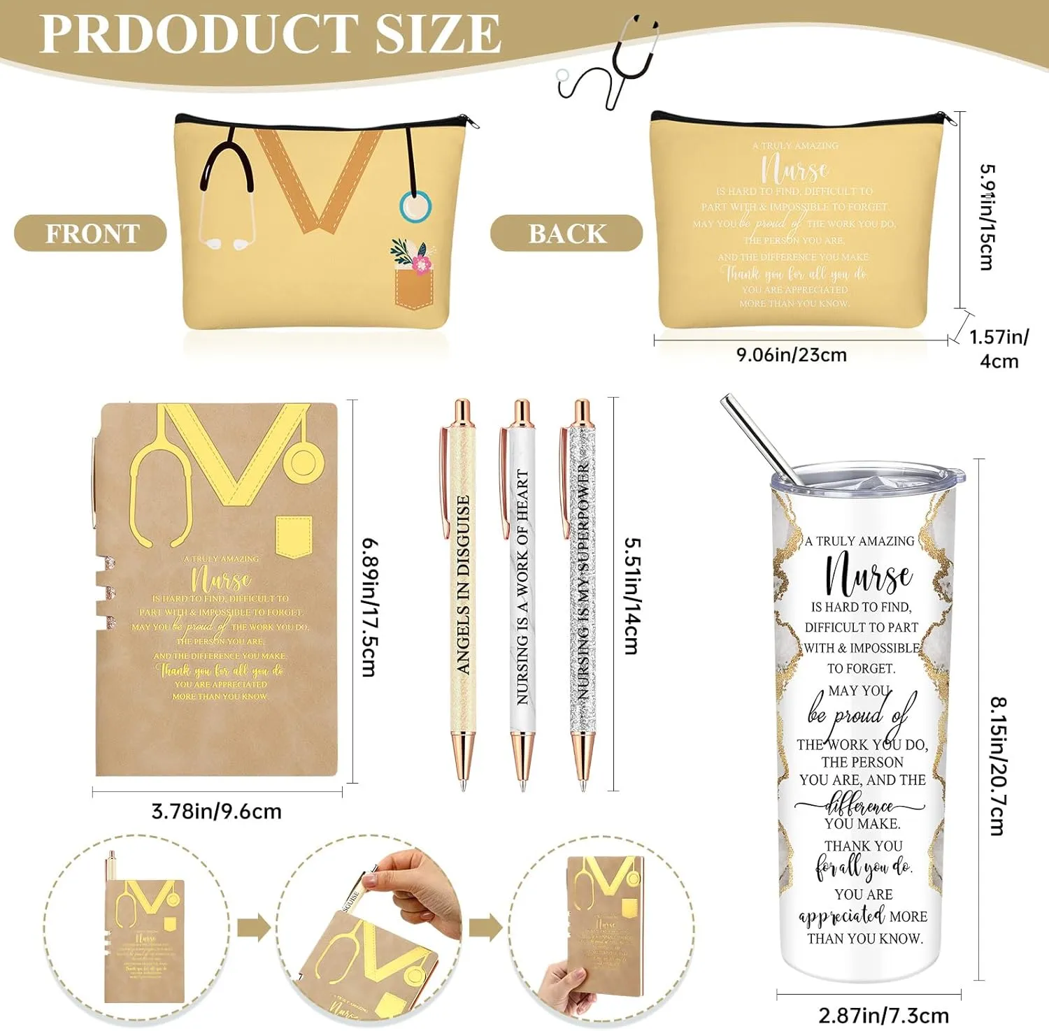 Domensi 6 Pcs Cna Week Appreciation Gifts 2025 for Women Medical Nursing Assistant 20 oz Marble Sign Nurse Tumbler Makeup Bag Notepad with Ballpoint Pen for Graduation Nursing Student(Yellow)