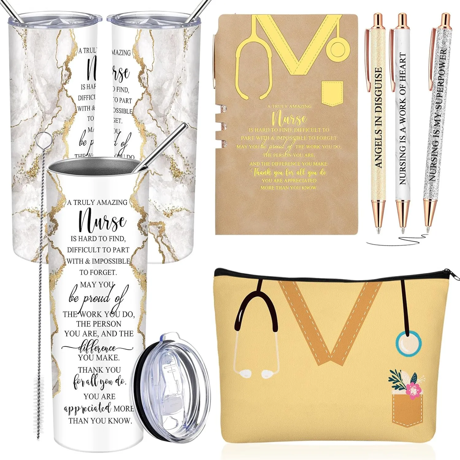 Domensi 6 Pcs Cna Week Appreciation Gifts 2025 for Women Medical Nursing Assistant 20 oz Marble Sign Nurse Tumbler Makeup Bag Notepad with Ballpoint Pen for Graduation Nursing Student(Yellow)