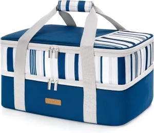 Double Decker Insulated Casserole Carrier for Hot or Cold Food, Lasagna Holder Tote for Potluck Parties/Picnic/Cookouts, Fits 9"x13" Baking Dish, Blue