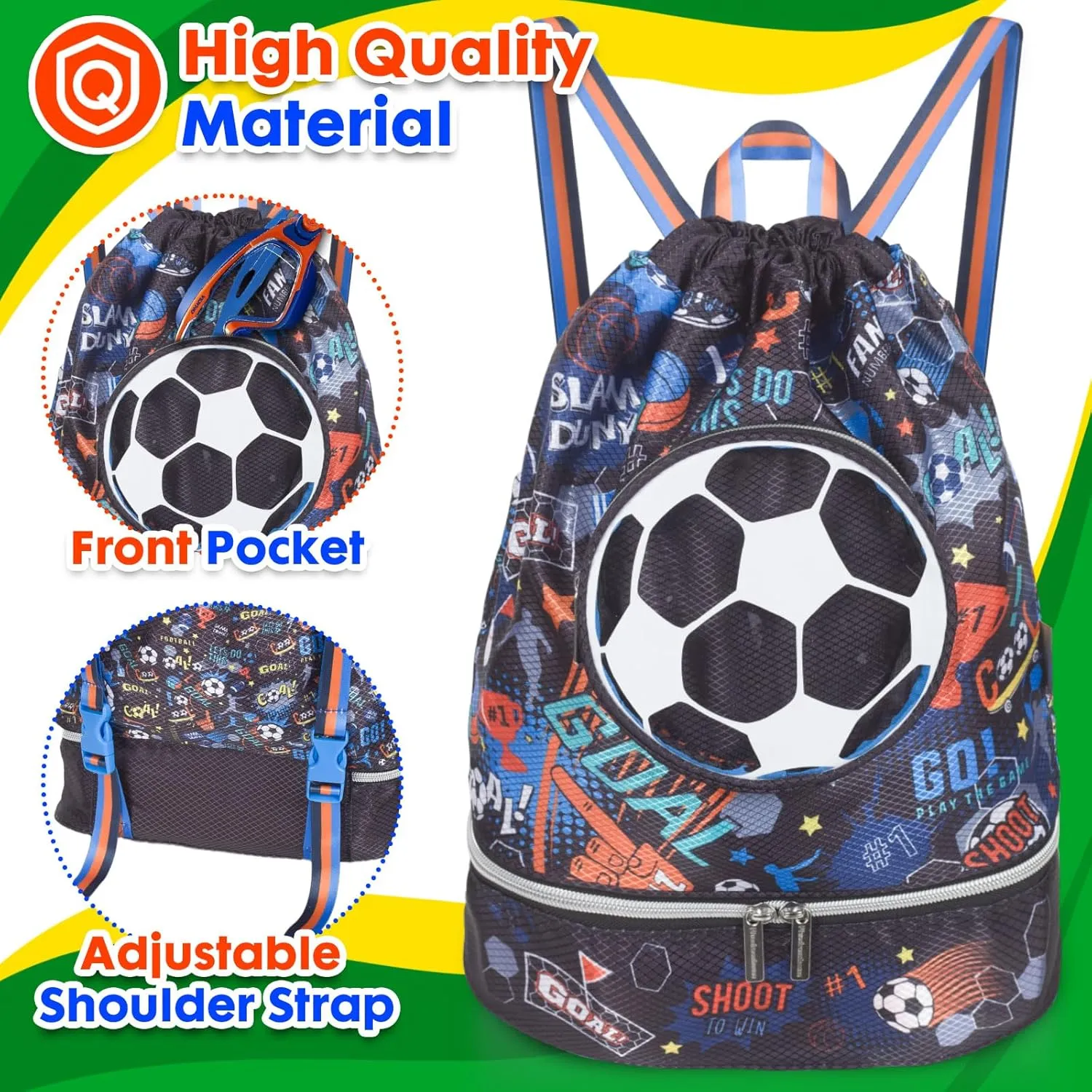Drawstring Backpack for Kids Girls, Cute Cartoon Football Waterproof Drawstring Bag String Swim Gym Sports Beach Bag with Shoes Compartment and Wet Proof Pocket