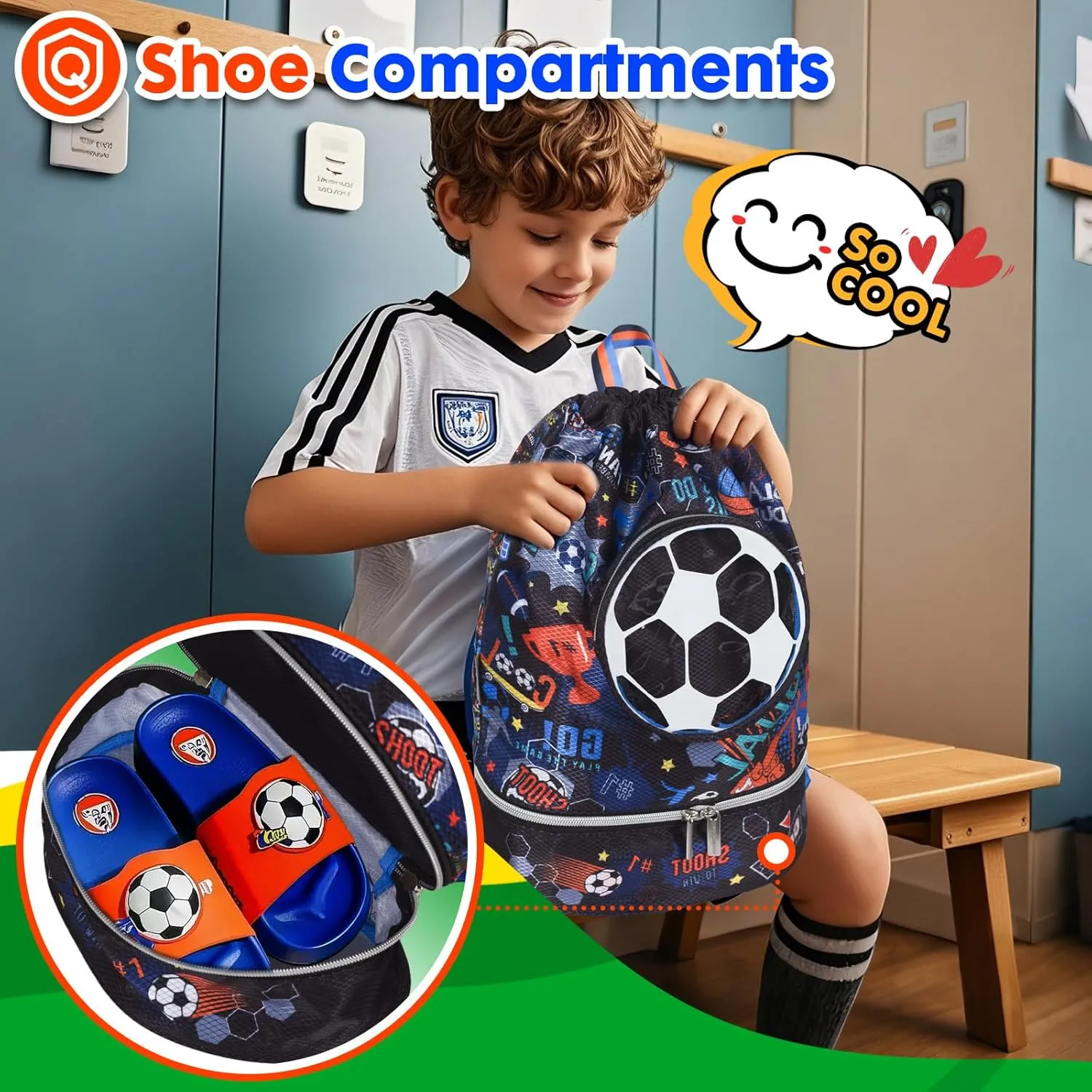 Drawstring Backpack for Kids Girls, Cute Cartoon Football Waterproof Drawstring Bag String Swim Gym Sports Beach Bag with Shoes Compartment and Wet Proof Pocket