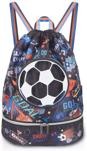Drawstring Backpack for Kids Girls, Cute Cartoon Football Waterproof Drawstring Bag String Swim Gym Sports Beach Bag with Shoes Compartment and Wet Proof Pocket