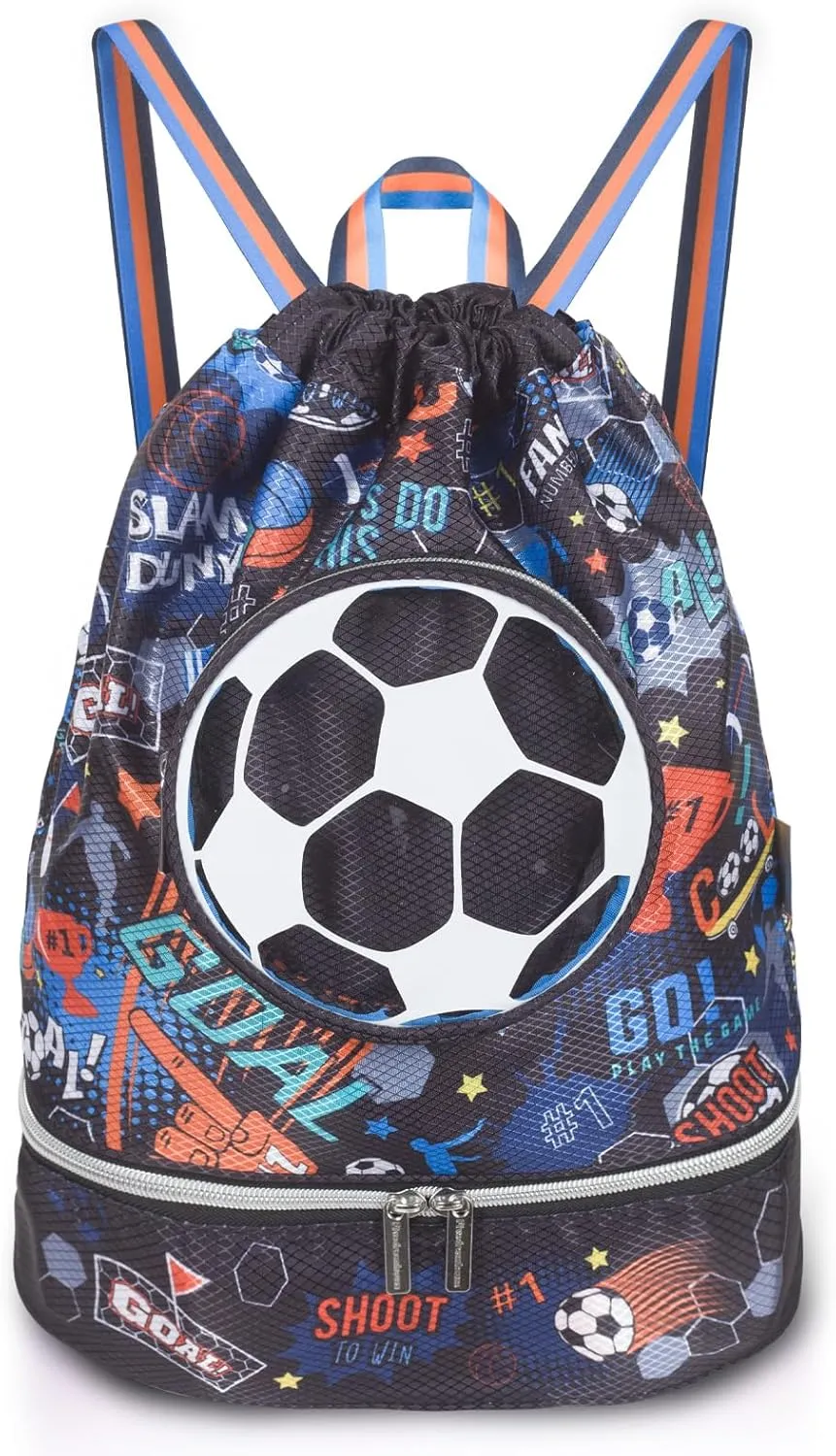 Drawstring Backpack for Kids Girls, Cute Cartoon Football Waterproof Drawstring Bag String Swim Gym Sports Beach Bag with Shoes Compartment and Wet Proof Pocket