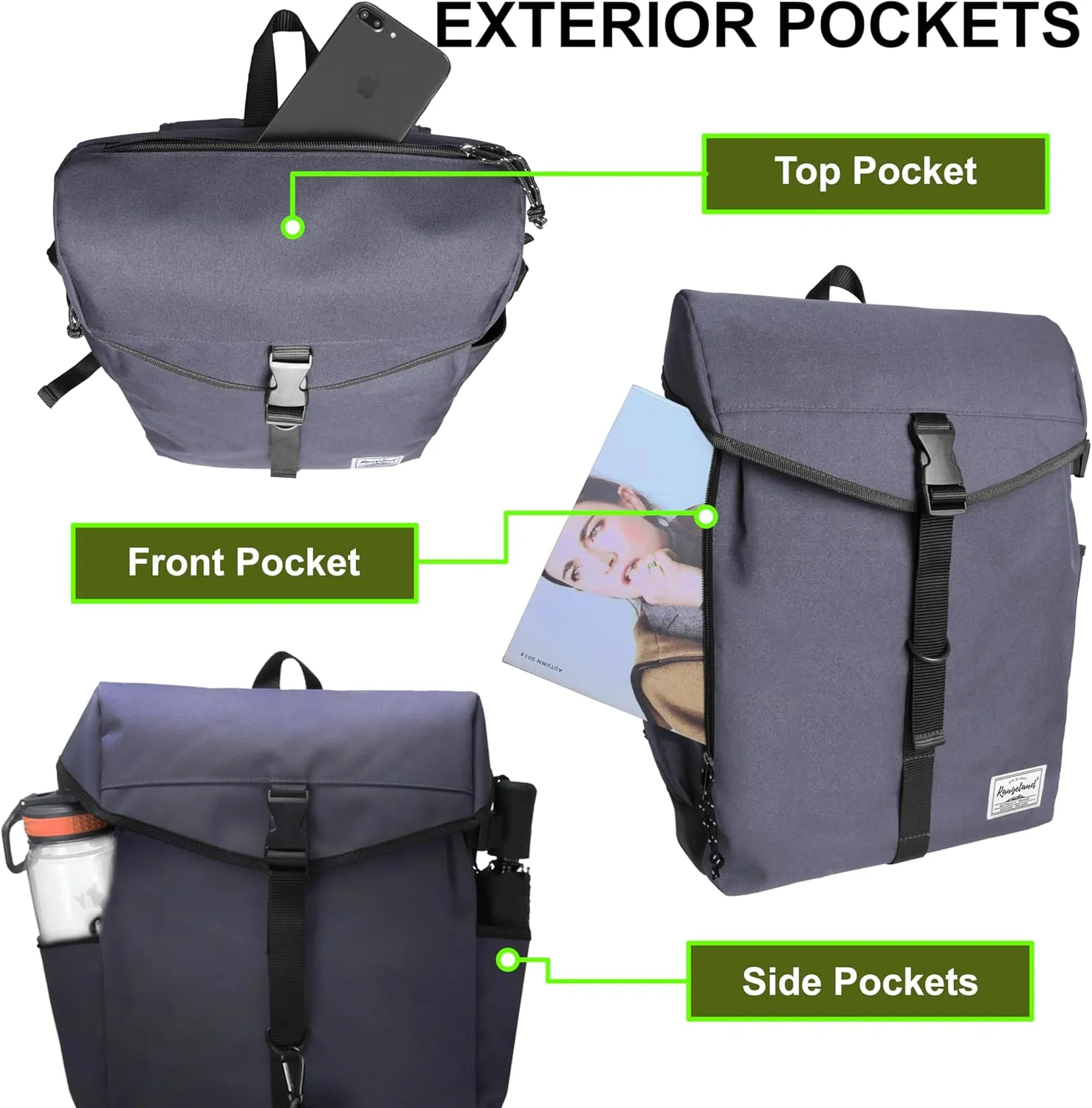 Drawstring Flap Backpack Rucksack Lightweight Travel Laptop Backpack for Women Men Carry-on Daypack 17L Commute Gym Sport, Gray Pewter
