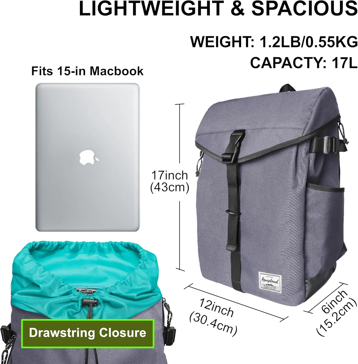 Drawstring Flap Backpack Rucksack Lightweight Travel Laptop Backpack for Women Men Carry-on Daypack 17L Commute Gym Sport, Gray Pewter