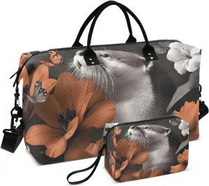 Duffel Bag for Traveling, Beaver Flower Butterfly Gym Bags with Multiple Interior Pockets for Women Men Toiletry Purse Included 20.5”x 1.9” x 13.8”