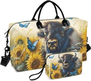 Duffel Bag for Traveling, Bison Sunflower Gym Bags with Multiple Interior Pockets for Women Men Toiletry Purse Included 20.5”x 1.9” x 13.8”