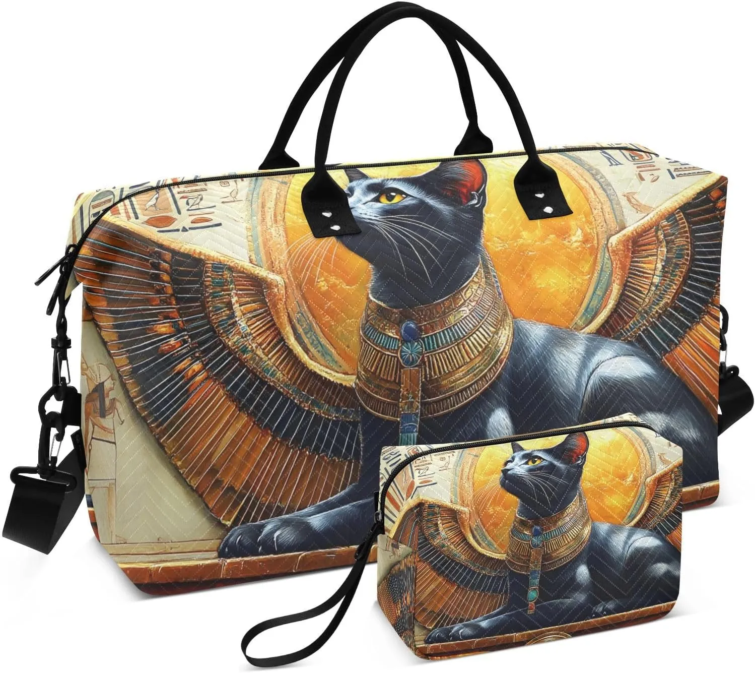 Duffel Bag for Traveling, Cat Egypt Wings Gym Bags with Multiple Interior Pockets for Women Men Toiletry Purse Included 20.5”x 1.9” x 13.8”