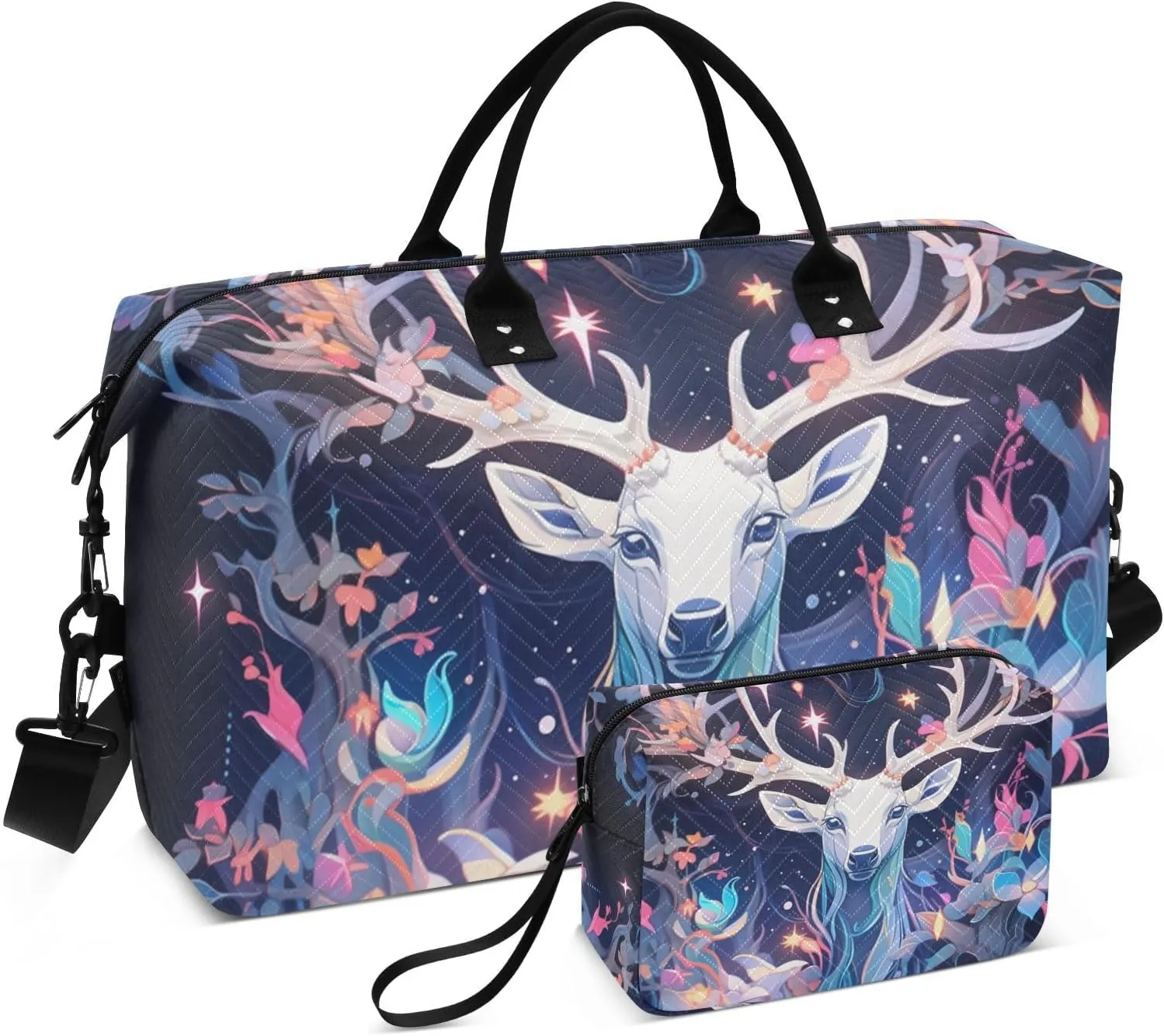Duffel Bag for Traveling, Deer Long Horn Flowers Gym Bags with Multiple Interior Pockets for Women Men Toiletry Purse Included 20.5”x 1.9” x 13.8”