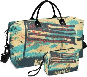 Duffel Bag for Traveling, Memorial Day American Flag Gym Bags with Multiple Interior Pockets for Women Men Toiletry Purse Included 20.5”x 1.9” x 13.8”