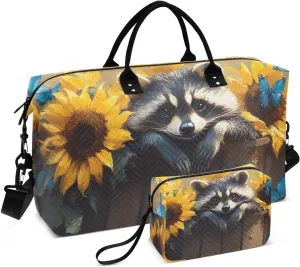 Duffel Bag for Traveling, Raccoon Fence Sunflower Gym Bags with Multiple Interior Pockets for Women Men Toiletry Purse Included 20.5”x 1.9” x 13.8”