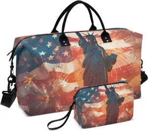 Duffel Bag for Traveling, Statue Liberty American Flag Gym Bags with Multiple Interior Pockets for Women Men Toiletry Purse Included 20.5”x 1.9” x 13.8”