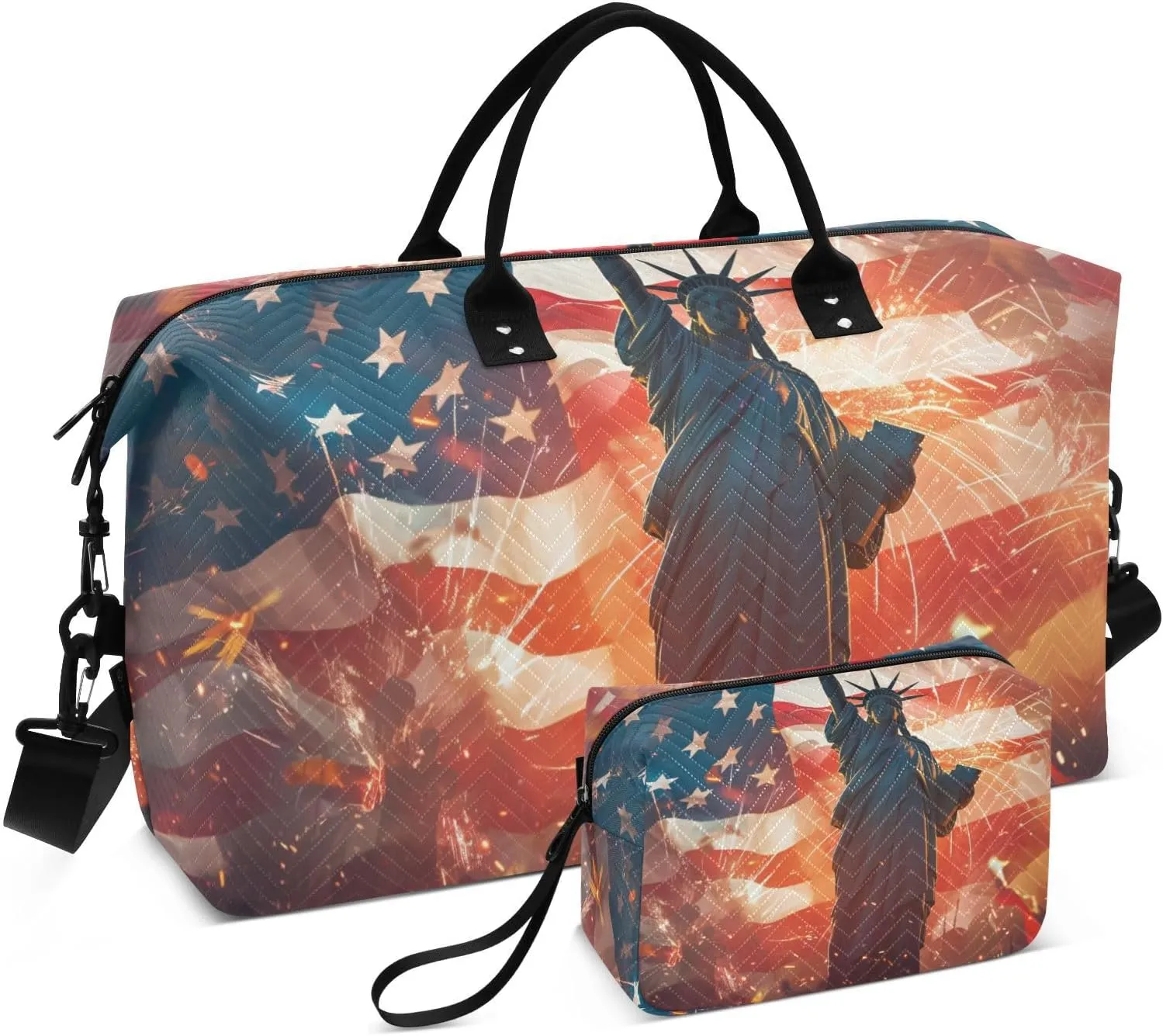 Duffel Bag for Traveling, Statue Liberty American Flag Gym Bags with Multiple Interior Pockets for Women Men Toiletry Purse Included 20.5”x 1.9” x 13.8”