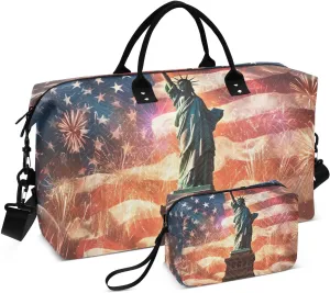 Duffel Bag for Traveling, Statue Liberty Fireworks Gym Bags with Multiple Interior Pockets for Women Men Toiletry Purse Included 20.5”x 1.9” x 13.8”