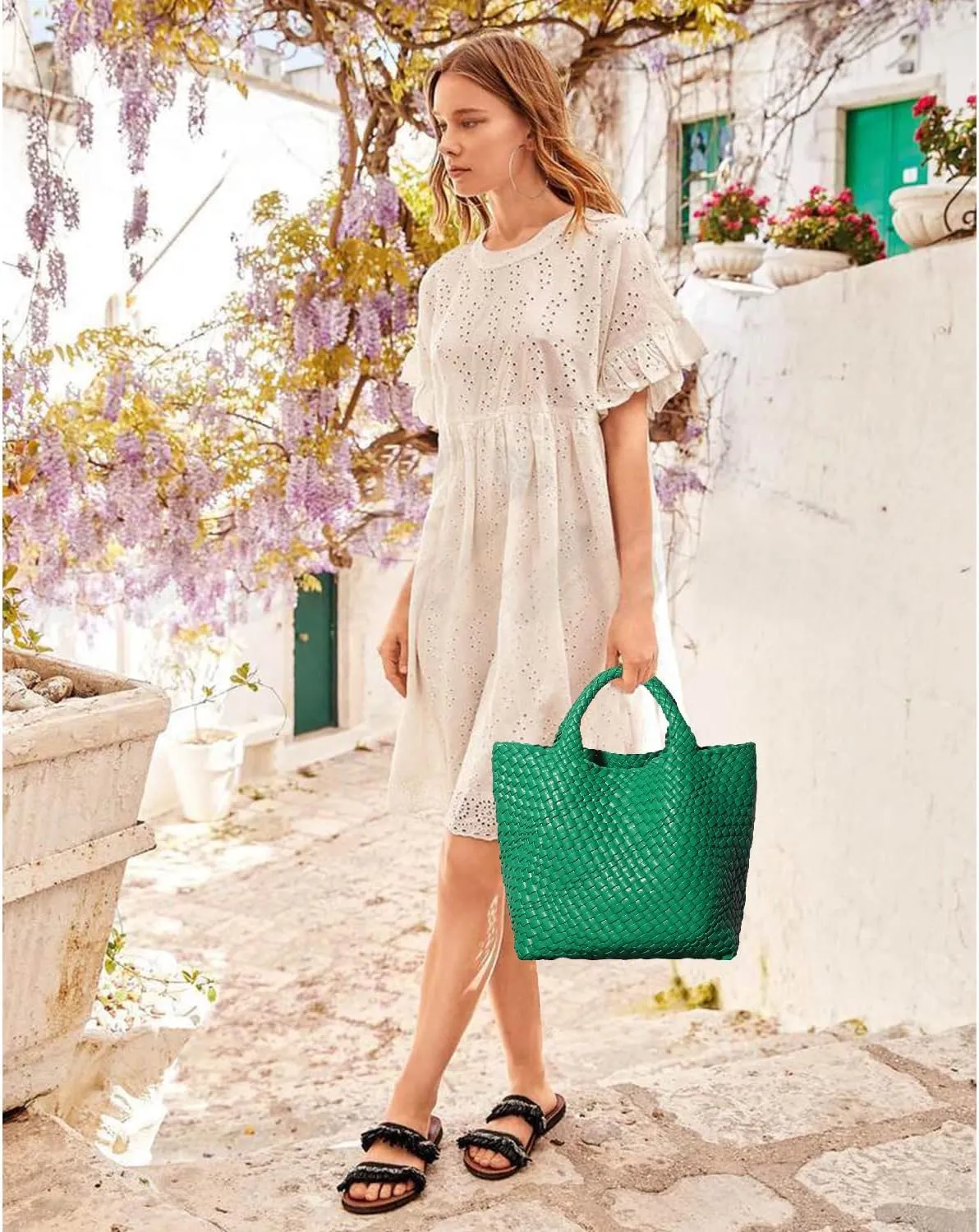 Dyalsa Woven Bag for Women, Vegan Leather Tote Bag Large Summer Beach Handbag Purse Retro Handmade Travel Shoulder Bag Set