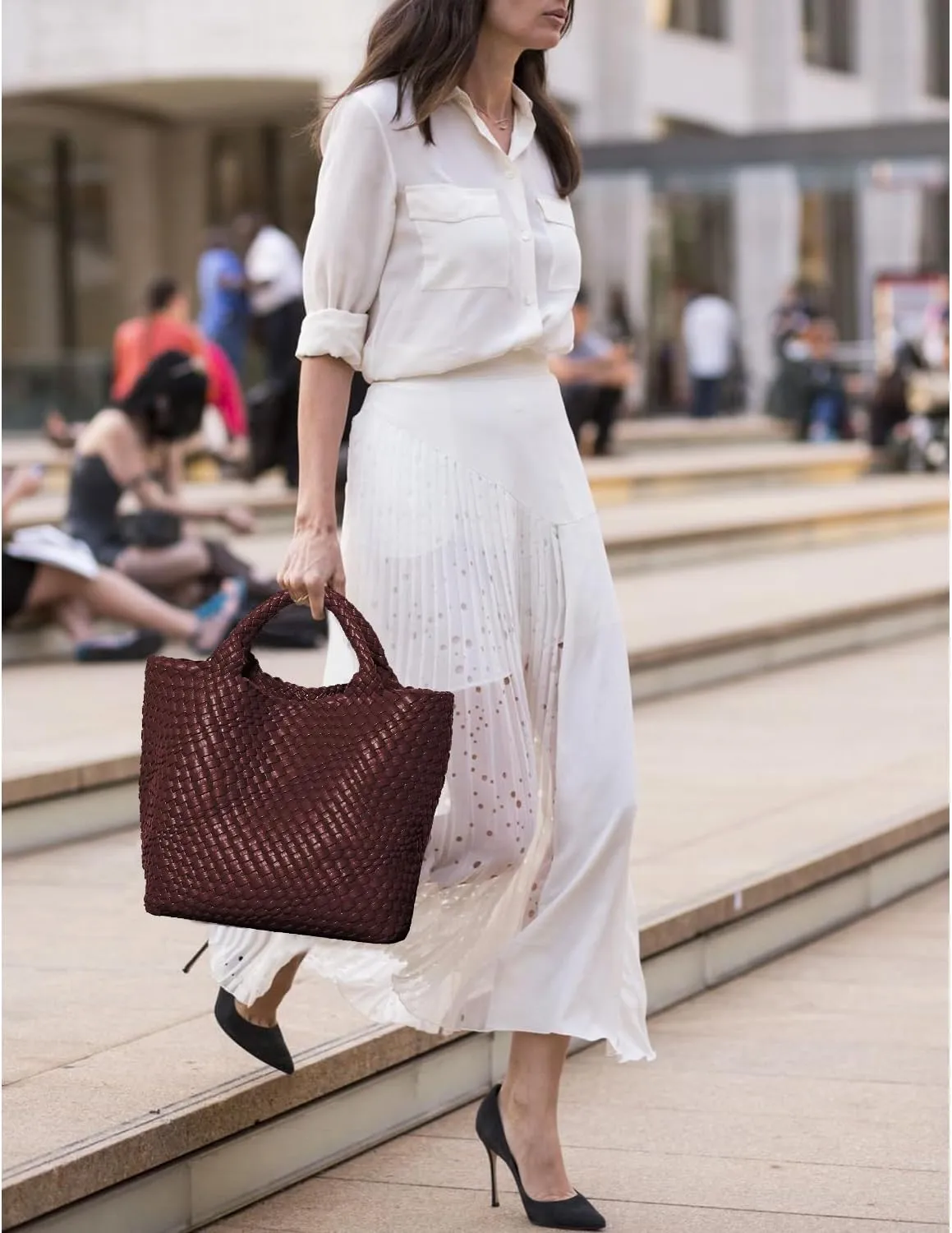 Dyalsa Woven Bag for Women, Vegan Leather Tote Bag Large Summer Beach Handbag Purse Retro Handmade Travel Shoulder Bag Set