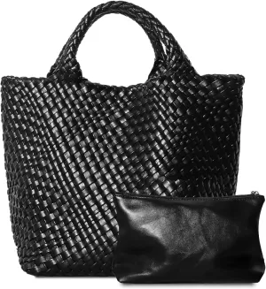 Dyalsa Woven Bag for Women, Vegan Leather Tote Bag Large Summer Beach Handbag Purse Retro Handmade Travel Shoulder Bag Set