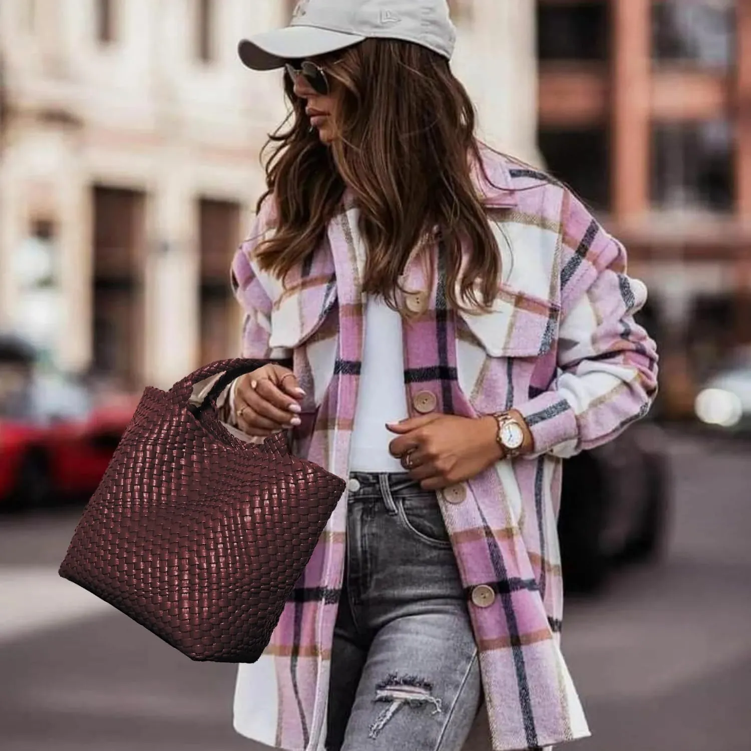 Dyalsa Woven Bag for Women, Vegan Leather Tote Bag Large Summer Beach Handbag Purse Retro Handmade Travel Shoulder Bag Set