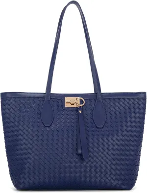 E Woven Tote Bags for Women Vegan Leather Top Handle Shoulder Handbag