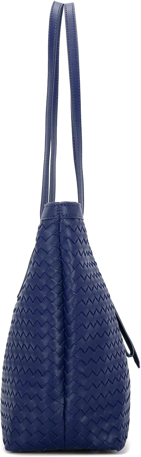 E Woven Tote Bags for Women Vegan Leather Top Handle Shoulder Handbag