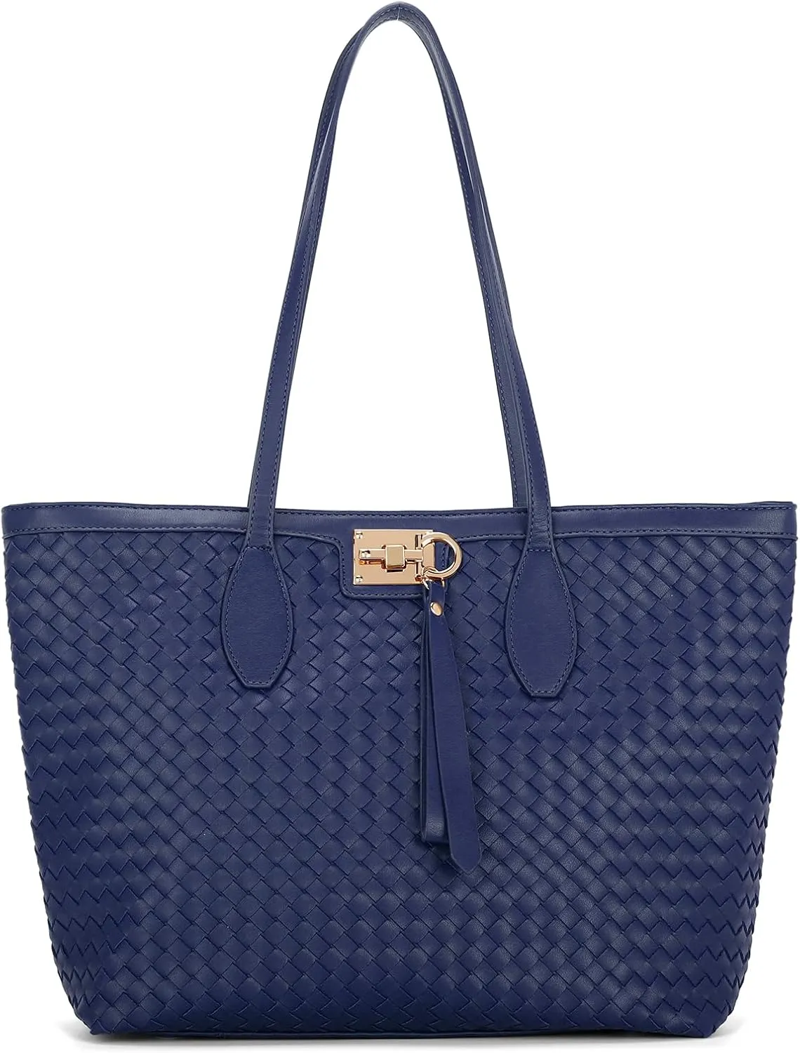 E Woven Tote Bags for Women Vegan Leather Top Handle Shoulder Handbag