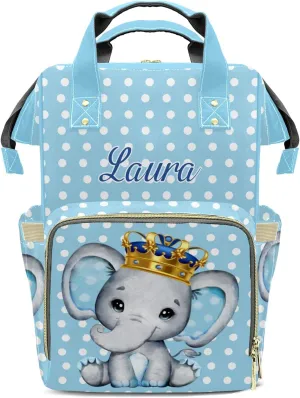 Elephant Blue Diaper Bags Custom Name Backpack Personalized Baby Nappy Travel Tote Bag for Mom Gift