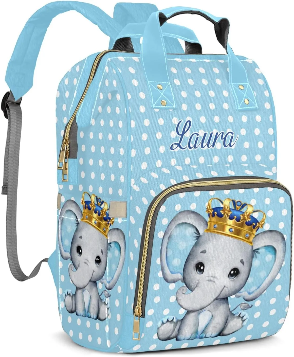 Elephant Blue Diaper Bags Custom Name Backpack Personalized Baby Nappy Travel Tote Bag for Mom Gift
