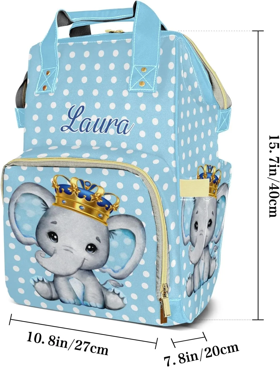 Elephant Blue Diaper Bags Custom Name Backpack Personalized Baby Nappy Travel Tote Bag for Mom Gift