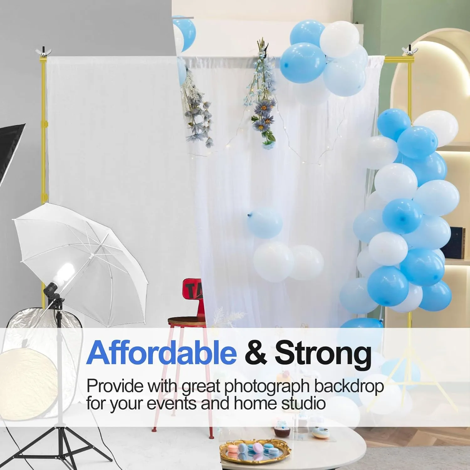 EMART Backdrop Stand 10x10ft(WxH) Photo Studio Adjustable Background Stand Support kit with 2 Crossbars, 8 Clamps, 2 Sandbags and Carry Bag for Parties, Events Decoration, Wedding -Titanium Gold