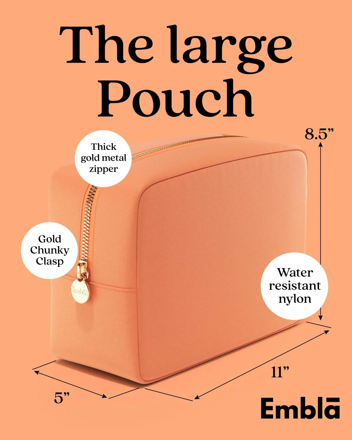 Embla Makeup Bag Travel Cosmetics Pouch and Toiletry Bag, Nylon Zipper Pouch Purse, Cute Make Up Organizer Storage Tote for Women Girls, Waterproof Travel Skincare Case, Large Makeup Bags, Apricot