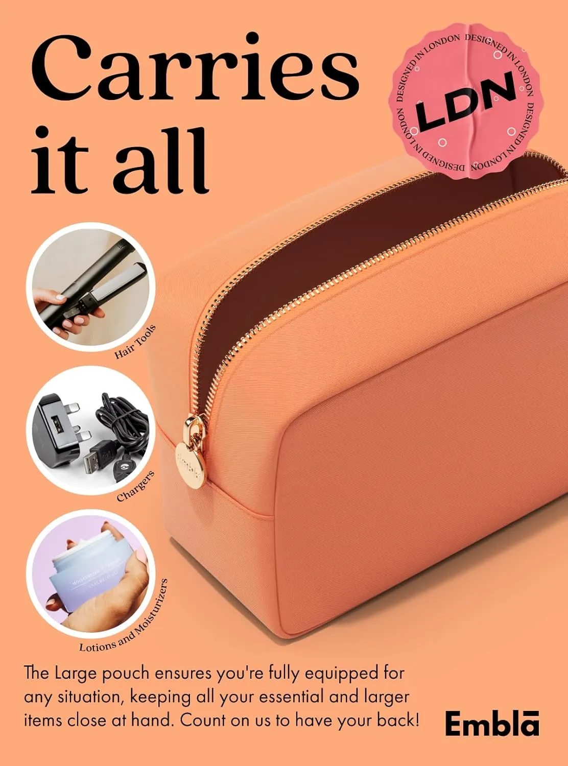 Embla Makeup Bag Travel Cosmetics Pouch and Toiletry Bag, Nylon Zipper Pouch Purse, Cute Make Up Organizer Storage Tote for Women Girls, Waterproof Travel Skincare Case, Large Makeup Bags, Apricot
