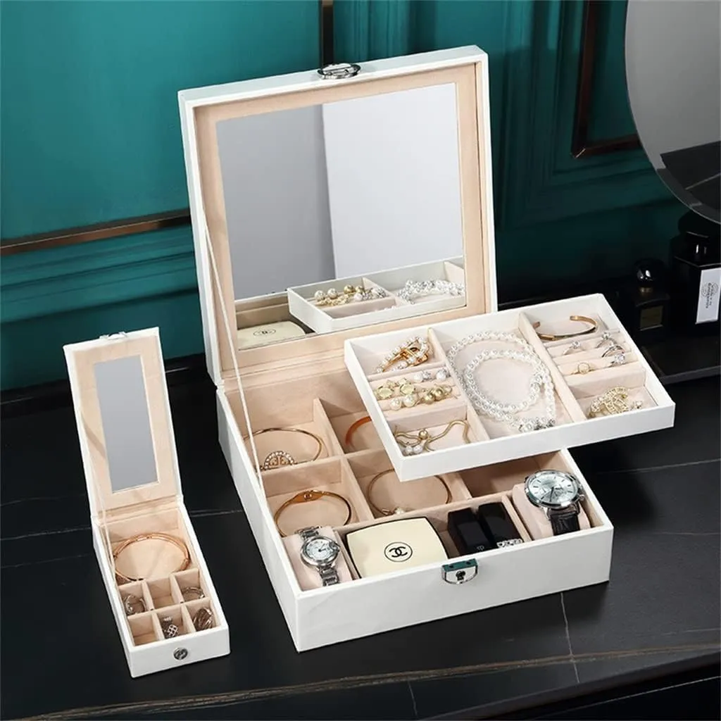 European-Style Jewelry Box PU with Detachable Cosmetic Case with Small Jewelry Box Jewelry Storage Box(Red)