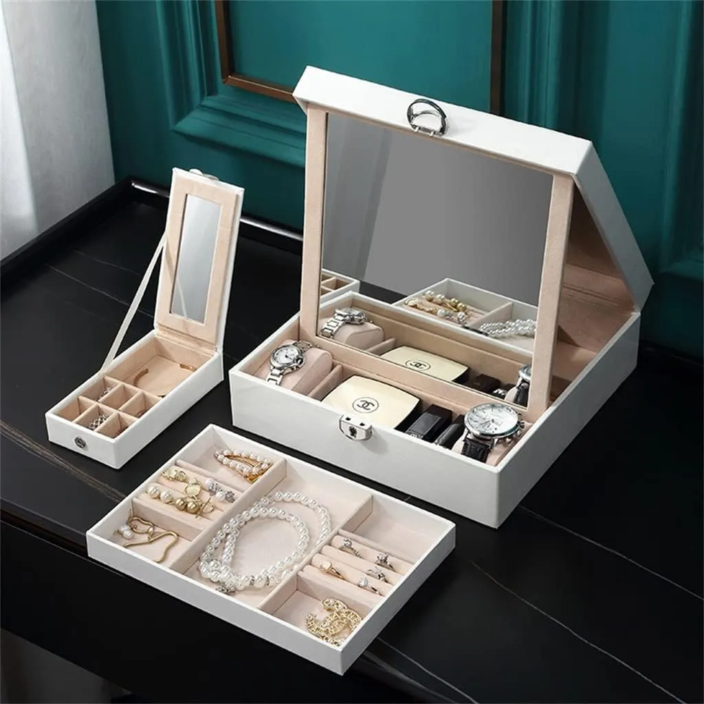 European-Style Jewelry Box PU with Detachable Cosmetic Case with Small Jewelry Box Jewelry Storage Box(Red)
