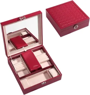 European-Style Jewelry Box PU with Detachable Cosmetic Case with Small Jewelry Box Jewelry Storage Box(Red)