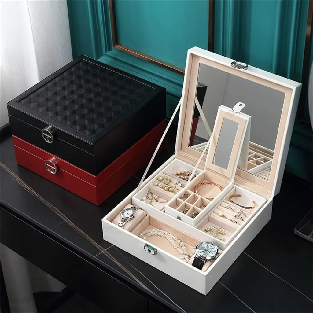 European-Style Jewelry Box PU with Detachable Cosmetic Case with Small Jewelry Box Jewelry Storage Box(Red)