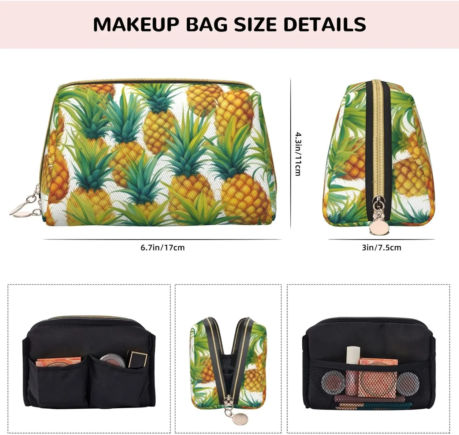 Exotic Tropical Pineapples Leather Toiletry Organizer Bag, Travel-Friendly Makeup Pouch For Women