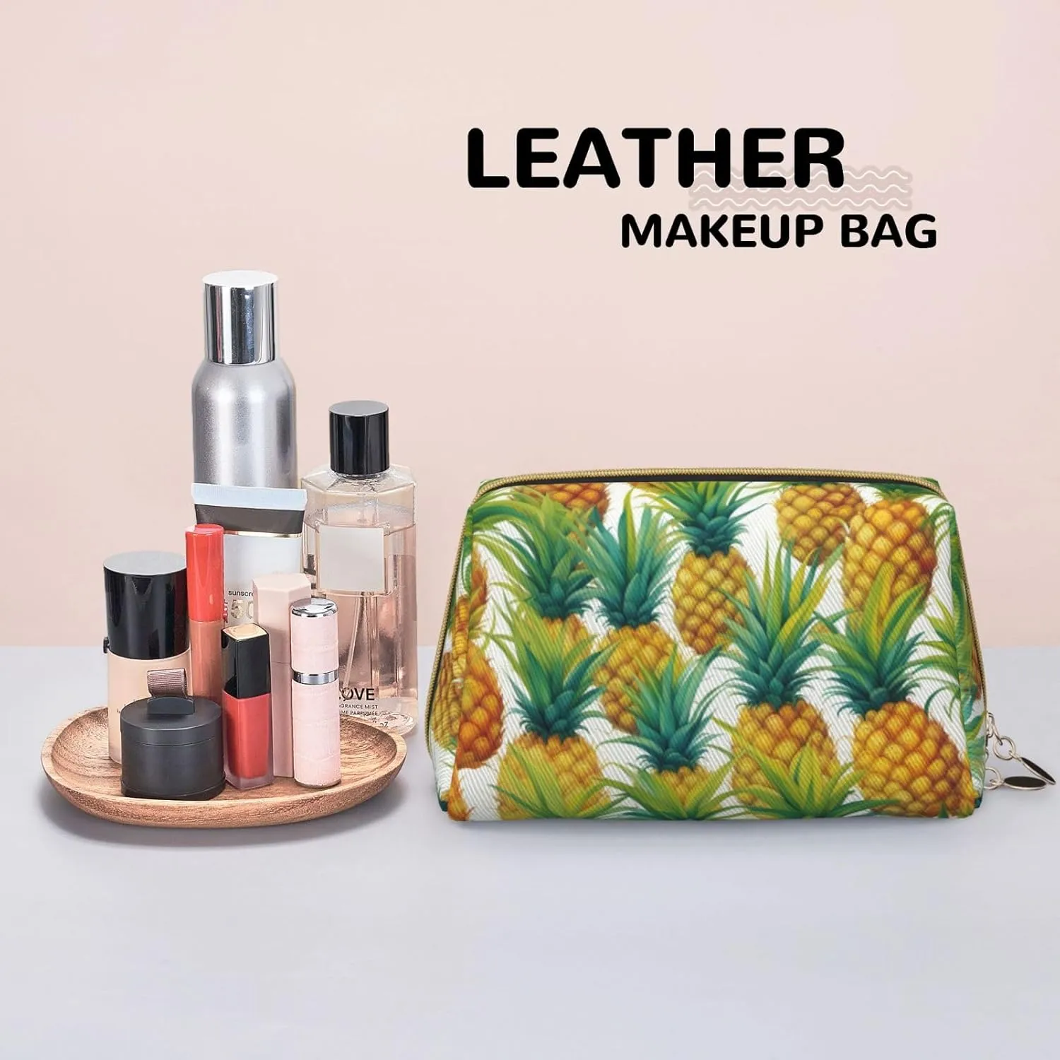 Exotic Tropical Pineapples Leather Toiletry Organizer Bag, Travel-Friendly Makeup Pouch For Women